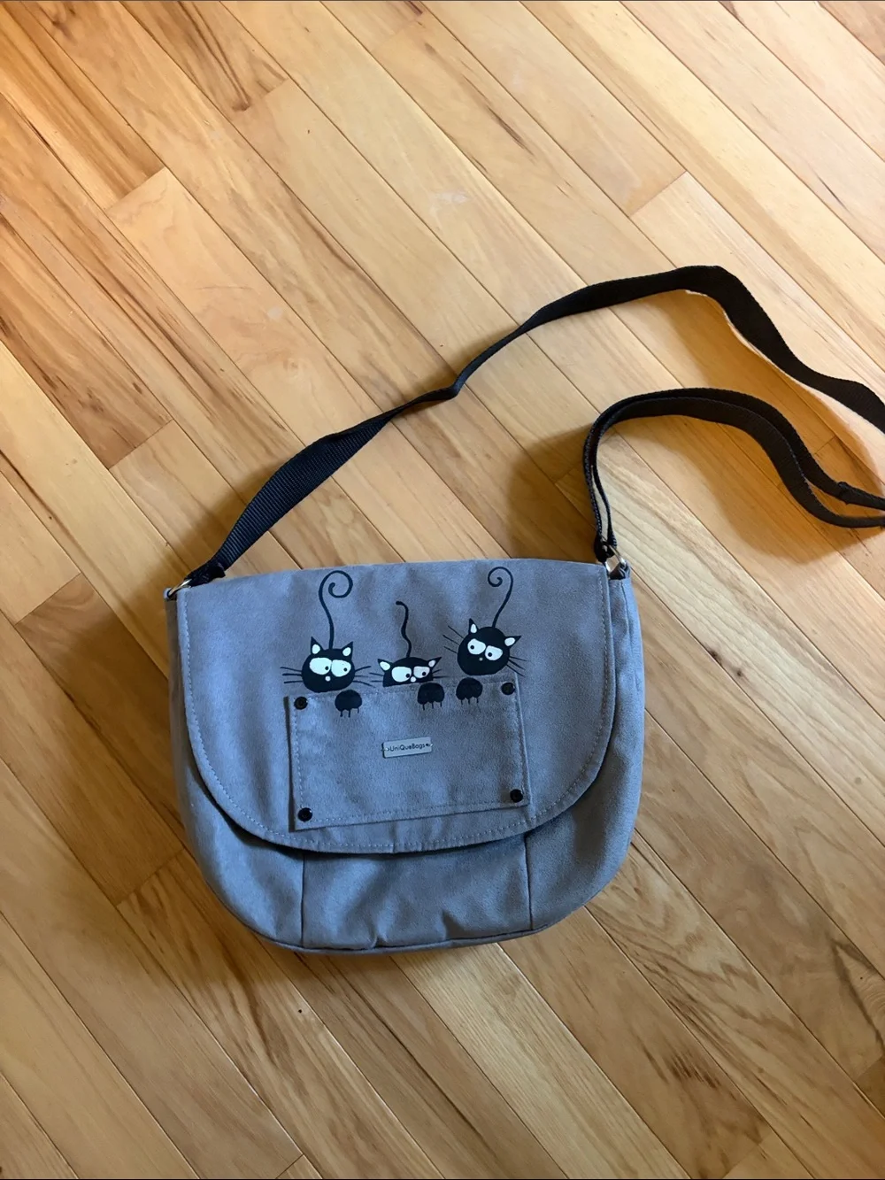 Gray Crossbody Shoulder Bag with Cat Print